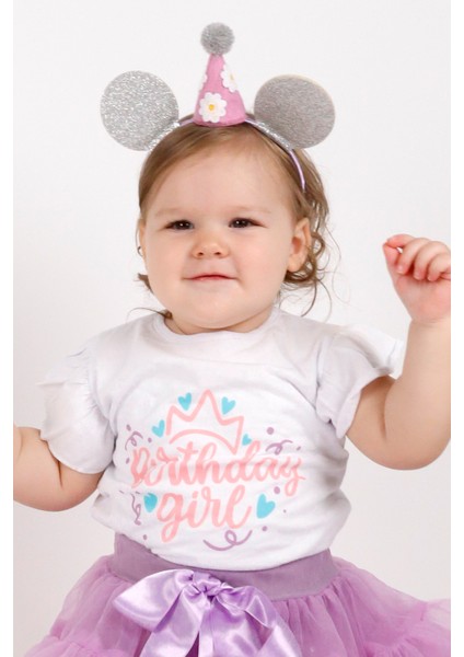 Beyaz Taçlı Birthday Girl Baskılı Kısa Kollu Kız Çocuk Tişört - Olena