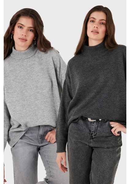 Oversize Fit Balıkçı Yaka Yumuşak Dokulu 2'li Paket Triko Kazak Bayan Kazak 680KZ00469S2