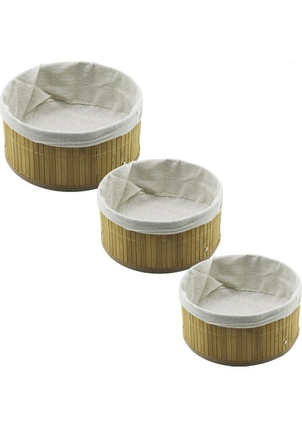 3 Boy Yuvarlak Bambu Kenar Organizer Sepet Ahşap Altlık - Bezli 21X25X28CM (4741)