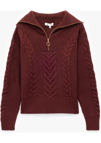 Saç Örgü Dokulu Yarım Fermuarlı Yaka Uzun Kollu Triko Kazak fırsatları