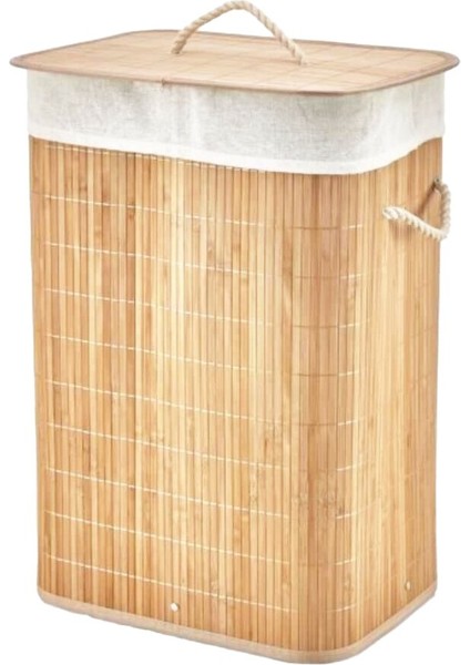 Dikdörtgen Bambu Ahşap Kirli Çamaşır Sepeti 40X30X60CM Seyyar Kapaklı Içi Bezli Ip Kulplu (4741)