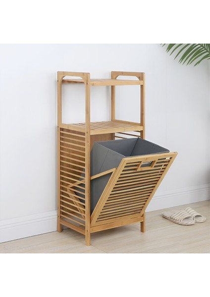 2 Organizer Raflı - Çek Aç Sepet Ahşap Bambu Kirli Çamaşır Sepet 40X35X95CM (4741)