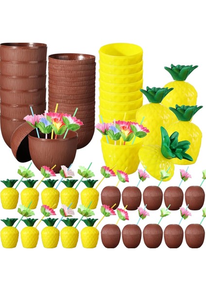 Tropikal Parti Bardak Seti – Ananas ve Hindistan Cevizi Şekilli Pipetli Bardaklar (20 Adet)