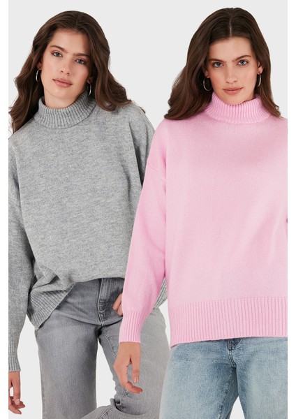 Oversize Fit Balıkçı Yaka Yumuşak Dokulu 2'li Paket Triko Kazak Bayan Kazak 680KZ00469S2