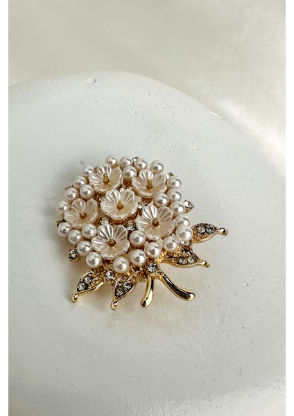 Altın Rengi Taş ve Inci Detay Sedef Çiçek Buket Çelenk Broş (4cm)