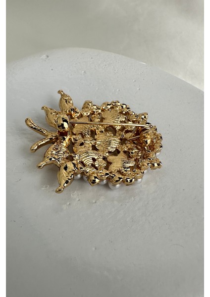 Altın Rengi Taş ve Inci Detay Sedef Çiçek Buket Çelenk Broş (4cm) fiyatları