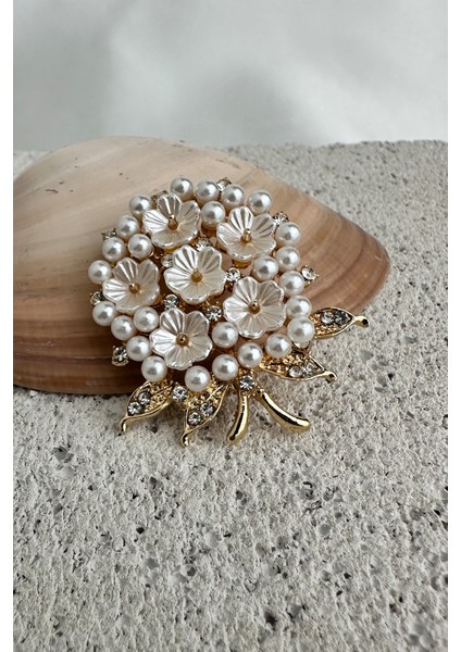 Altın Rengi Taş ve Inci Detay Sedef Çiçek Buket Çelenk Broş (4cm) modelleri
