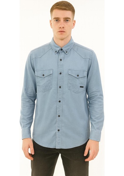 Uzun Kol Büyük Beden Erkek Kot Gömlek - 7393