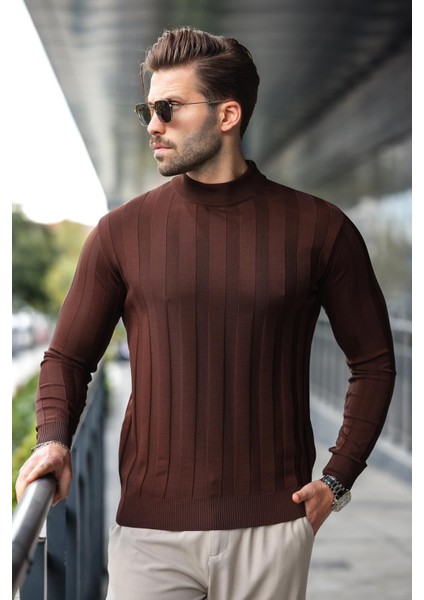 Kahverengi Yarım Balıkçı Erkek Triko Kazak E7423