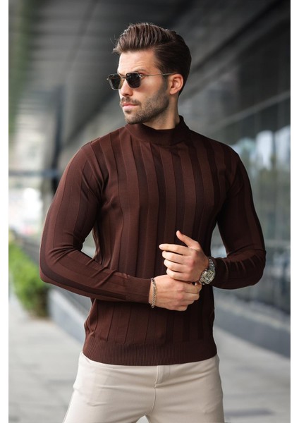 Kahverengi Yarım Balıkçı Erkek Triko Kazak E7423 modelleri