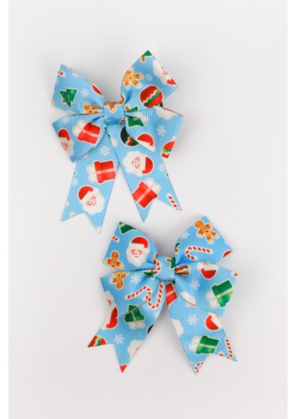 Mavi Baston Şeker Desenli 2'li Kız Çocuk Fiyonk Klips Toka