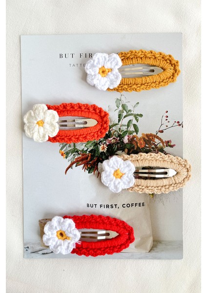 Çok Renkli Toprak Örgü Çiçek 4'lü Çıtçıt Toka Set