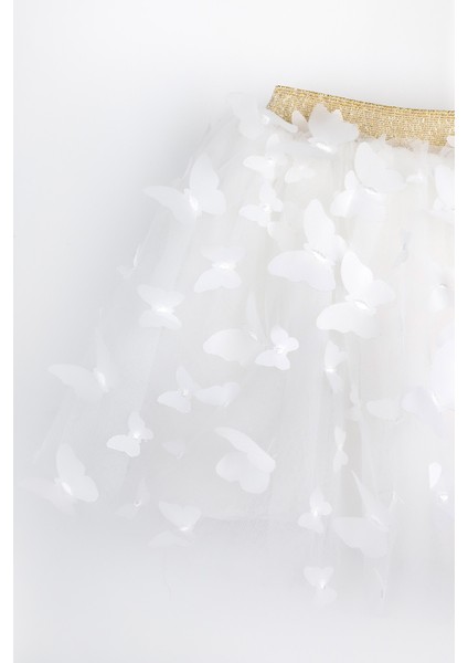 Ekru Kelebek Aplikeli Kız Çocuk Tül Etek - Pauline