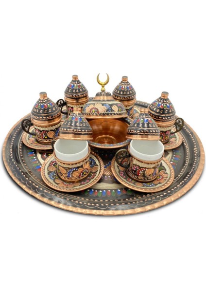 Kahve Fincanı 6 Kişilik Işlemeli Set Bakır Yuvarlak Tepsili