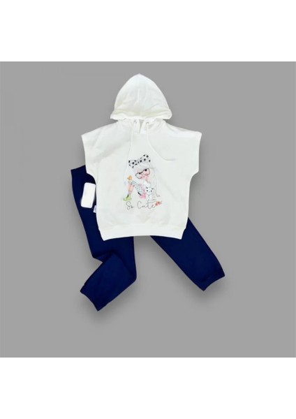 3-4-5 Yaş Kapşonlu Sevimli Kız Baskılı Kısa Kolu 2li Kız Erkek Çocuk Takımı