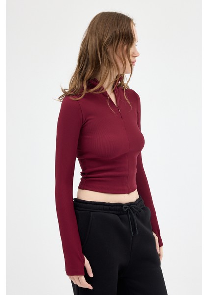 Bordo Yarım Balıkçı Yaka Fermuarlı Body 2447 modelleri