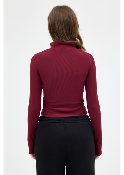 Bordo Yarım Balıkçı Yaka Fermuarlı Body 2447