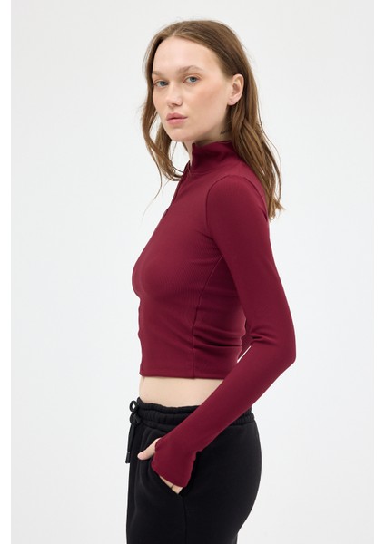 Bordo Yarım Balıkçı Yaka Fermuarlı Body 2447