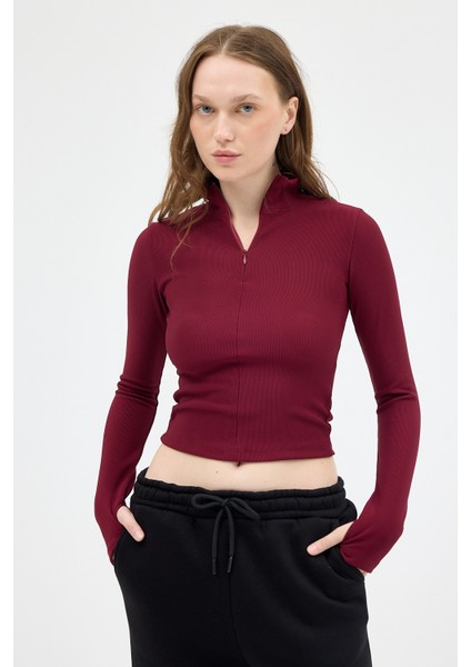 Bordo Yarım Balıkçı Yaka Fermuarlı Body 2447