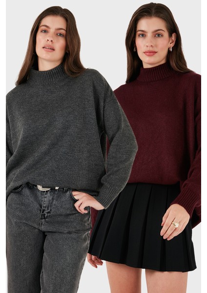 Oversize Fit Balıkçı Yaka Yumuşak Dokulu 2'li Paket Triko Kazak Bayan Kazak 680KZ00469S2