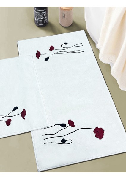 Vallmo Ekru 2li Gül Nakışlı Pamuklu Banyo Paspası