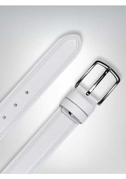 Hakiki Deri Erkek Kemer – Çift Dikişli, 4cm, Beyaz | 8789