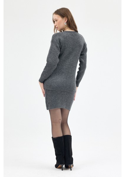 Antrasit Bisiklet Yaka Triko Kazak Etek Takımı 2294