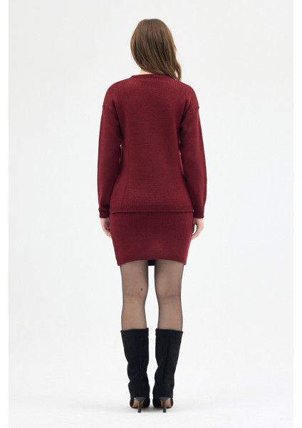 Bordo Bisiklet Yaka Triko Kazak Etek Takımı 2294