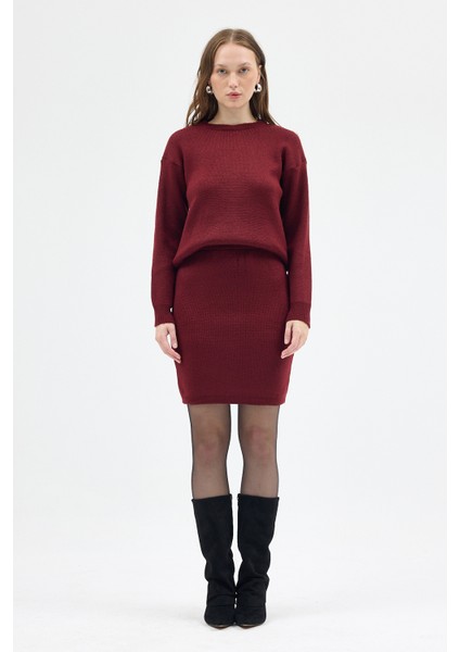 Bordo Bisiklet Yaka Triko Kazak Etek Takımı 2294