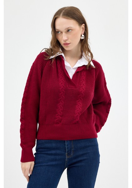 Bordo Gömlek Yakalı Örgü Kadın Kazak 2335 fiyatları