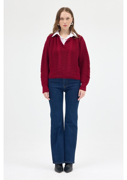 Bordo Gömlek Yakalı Örgü Kadın Kazak 2335 modelleri