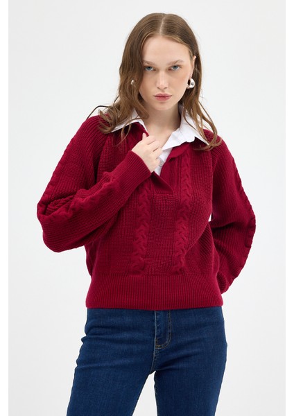 Bordo Gömlek Yakalı Örgü Kadın Kazak 2335 fırsatları