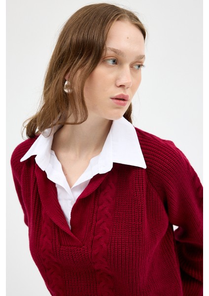 Bordo Gömlek Yakalı Örgü Kadın Kazak 2335 indirimleri