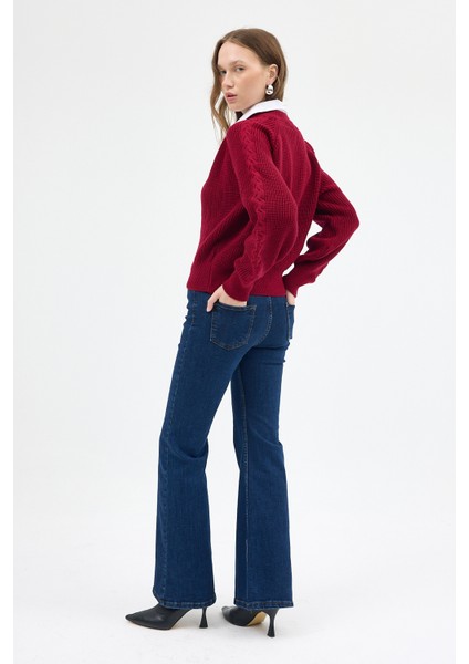 Bordo Gömlek Yakalı Örgü Kadın Kazak 2335