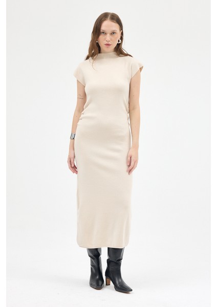 Taş Bej Büzgü Detaylı Triko Midi Elbise 2317 fiyatları