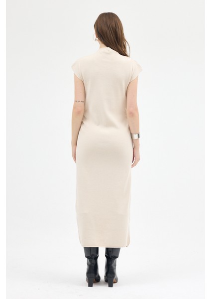 Taş Bej Büzgü Detaylı Triko Midi Elbise 2317