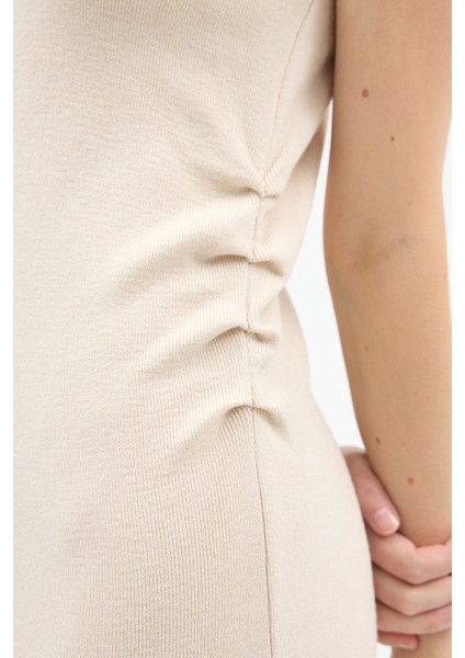 Taş Bej Büzgü Detaylı Triko Midi Elbise 2317