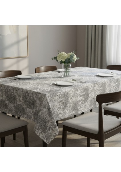 Yüksek Kaliteli Desenli Jakarlı Dokuma Kumaş Kare 160 x 160 Masa Örtüsü Gri Ağırlıklı