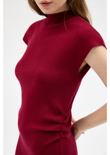Bordo Bej Büzgü Detaylı Triko Midi Elbise 2317 indirimleri