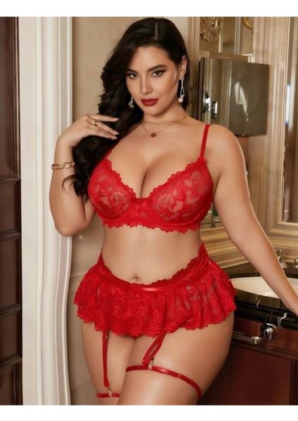 Arias Closet Büyük Beden Kırmızı Dantel Işlemeli Etekli Jartiyer Takımı