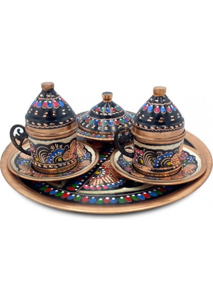 Kahve Fincanı 2 Kişilik Işlemeli Set Bakır Yuvarlak Tepsili