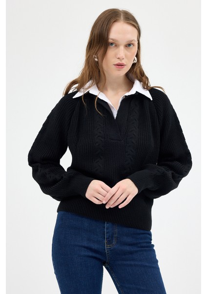 Siyah Gömlek Yakalı Örgü Kadın Kazak 2335 fiyatları