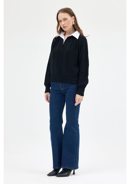 Siyah Gömlek Yakalı Örgü Kadın Kazak 2335 modelleri