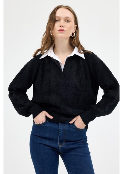 Siyah Gömlek Yakalı Örgü Kadın Kazak 2335 fırsatları