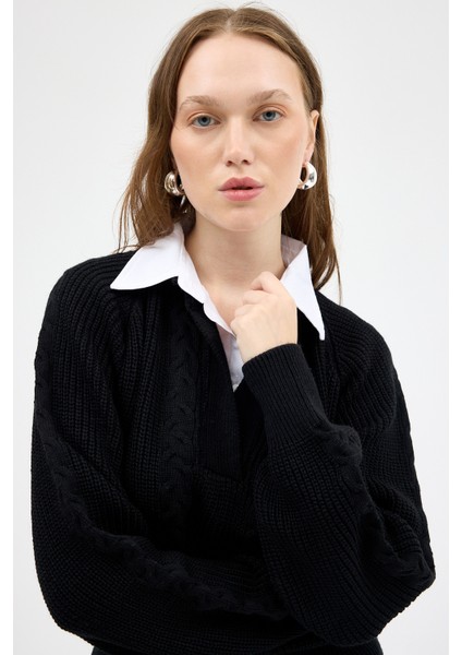 Siyah Gömlek Yakalı Örgü Kadın Kazak 2335 indirimleri