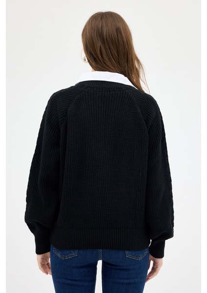 Siyah Gömlek Yakalı Örgü Kadın Kazak 2335