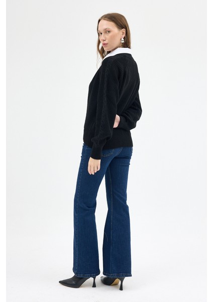 Siyah Gömlek Yakalı Örgü Kadın Kazak 2335