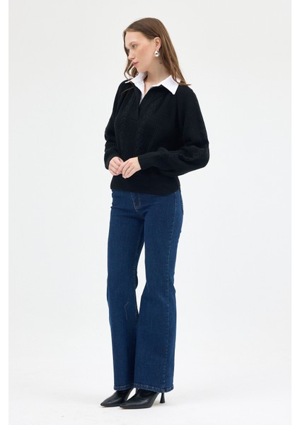 Siyah Gömlek Yakalı Örgü Kadın Kazak 2335