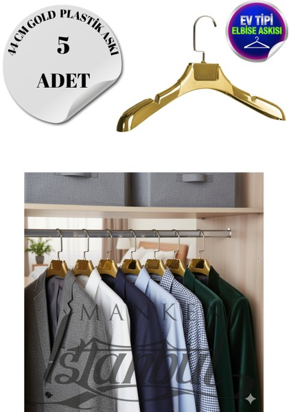 5 Adet Ev Tipi 44 cm Gold Plastik Ceket Askısı Buluz Askısı Elbise Askısı Kıyafet Askısı