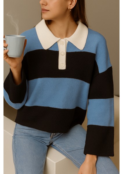 Rtd&vld Kadın Polo Yaka Düğmeli Bloklu Triko Kazak Mavi